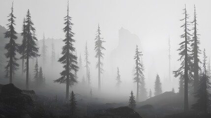 Misty Monochrome Forest Landscape: Tall Pines in Foggy Mountain Scene