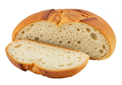Freshly baked sourdough bread slice and loaf isolated on transparent background