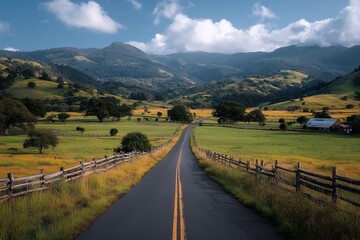 Naklejka premium Scenic Country Road Leading Through Verdant Fields and Rolling Hills Under a Vast Sky