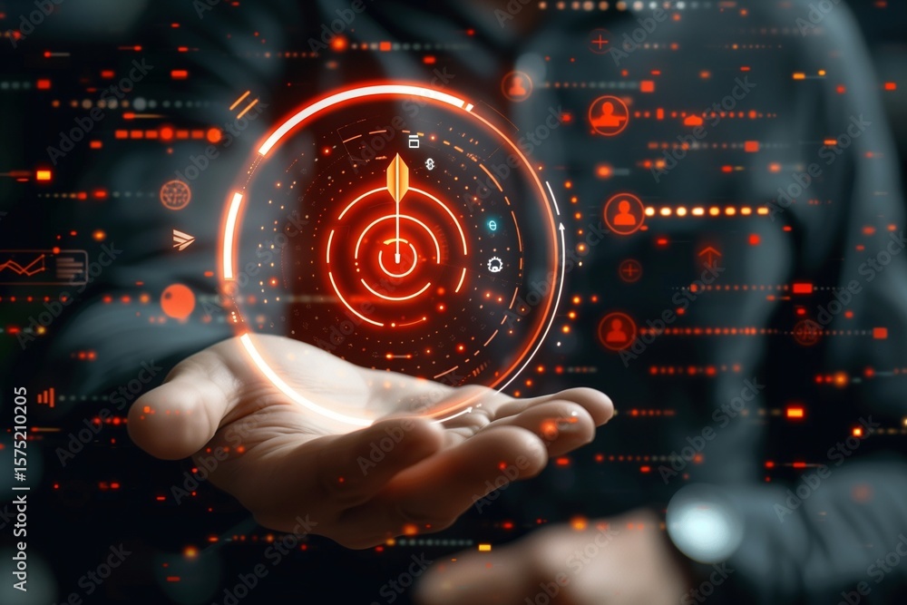 Poster futuristic technology: hand holding digital target in a data-driven virtual environment