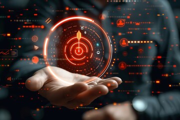 Futuristic Technology: Hand Holding Digital Target in a Data-Driven Virtual Environment