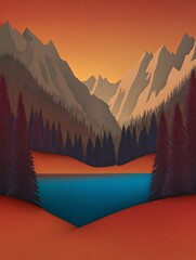 Minimalist mountain lake scene at sunset