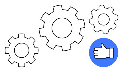 Obraz premium Interconnected gears illustrating teamwork and efficiency, paired with a thumbs-up for positive results. Ideal for teamwork, productivity, improvement, collaboration, success, efficiency, and simple