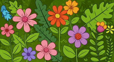 Colorful Cartoon Flower Garden with Green Leaves