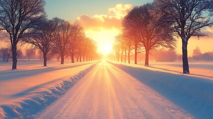 A winter forest scene with sunlight streaming through the snow-covered branches of pine trees, casting golden rays onto the snow below.