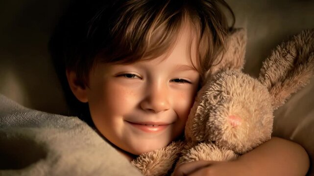 A little boy cuddling a stuffed bunny under a soft blanket and pouting. Dolly in 4k.