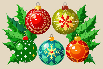 Festive christmas ornaments and holly leaves decoration on a light background