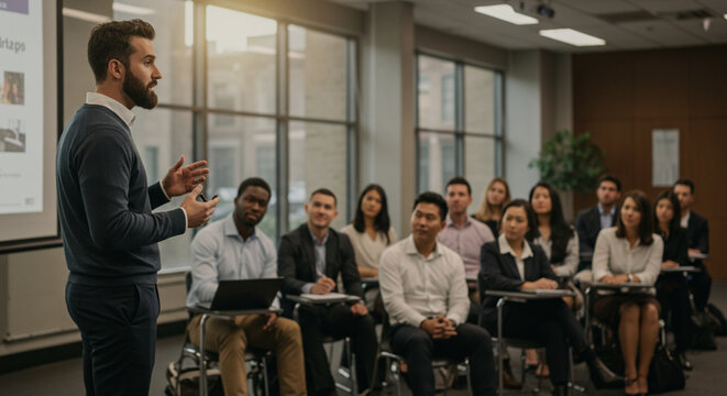 A male business speaker stands and speaks before a diverse group of professionals during a seminar or team meeting in a modern office environment. The audience sits and listens intently.