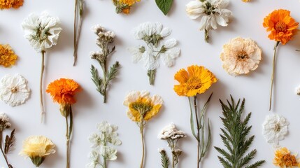 Dried flowers arranged on white background