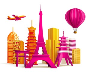 Stylized international city with air travel