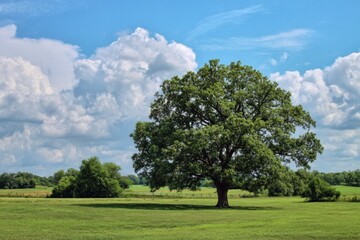 Fototapeta premium Lone oak tree in a grassy field under a partly cloudy sky