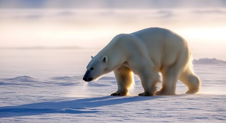Majestic Polar Bear Walking on Snowy Arctic Plain at Sunset