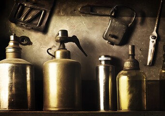 Antique tools and fluid containers arrangement