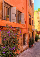 Rustic Chania, Crete Street Corner with Plants and Colorful Walls
