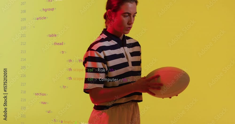 Poster woman holding disc and rotating it while projecting cascading code menu illustrating cybersecurity