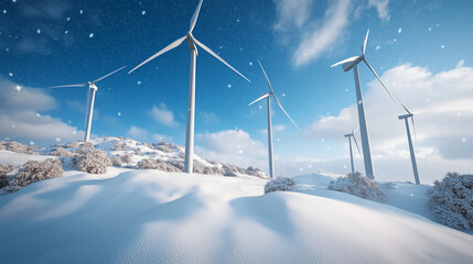 Winter landscape with wind turbines and snow