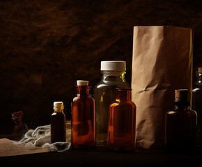 Apothecary jars and brown paper bag