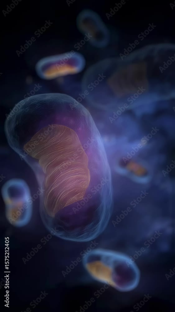 Poster bright blue tinted mitochondria generating cellular energy, powering complex biological functions wi