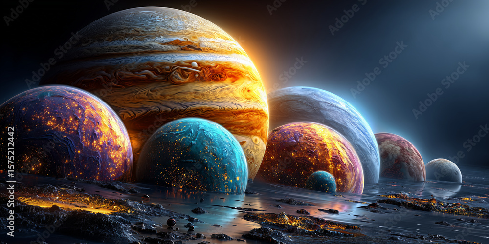 Aufkleber a cosmic array of planets clustered together in a celestial landscape