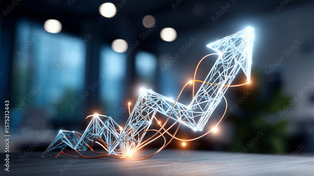 Poster glowing arrow pointing upwards with wireframe design on a dark surface