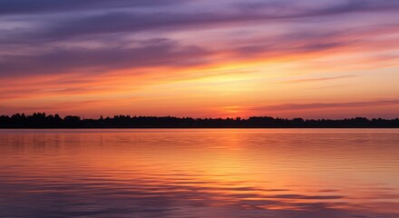 Calm Lake Reflecting Dramatic Sunset with Colorful Sky