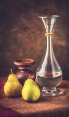 Pears water and wooden bowl composition