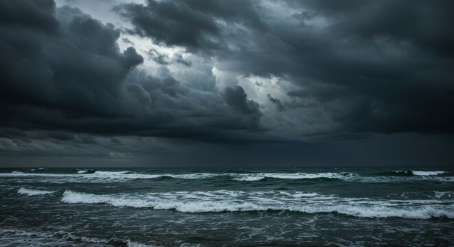 Stormy Ocean Waves Under Dark Cloudy Sky Seascape