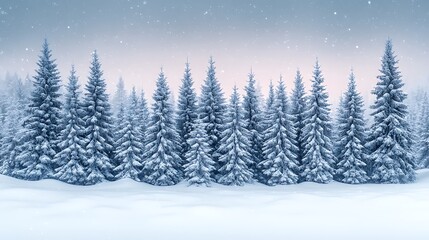 Naklejka premium Snow-covered pine trees in the early morning, with sun rays piercing through the branches and shining brightly on the snowy ground.