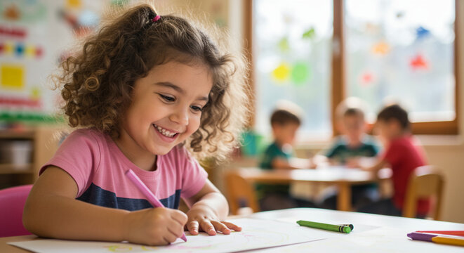 A cheerful Asian girl smiles as she writes with a pencil during a class activity. She sits at a table in a colorful classroom with other young children who are also engrossed in their learning.