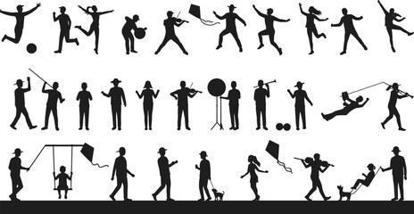 Silhouette vector of people playing, walking, flying kites, swinging, performing music, daily life activities, outdoor fun, artistic human actions