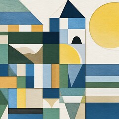 Abstract geometric landscape with house and sun