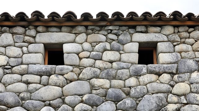 Ancient Stone Wall with Two Windows, Incan Architecture, Rough Texture, Grey Stones, Building Exterior