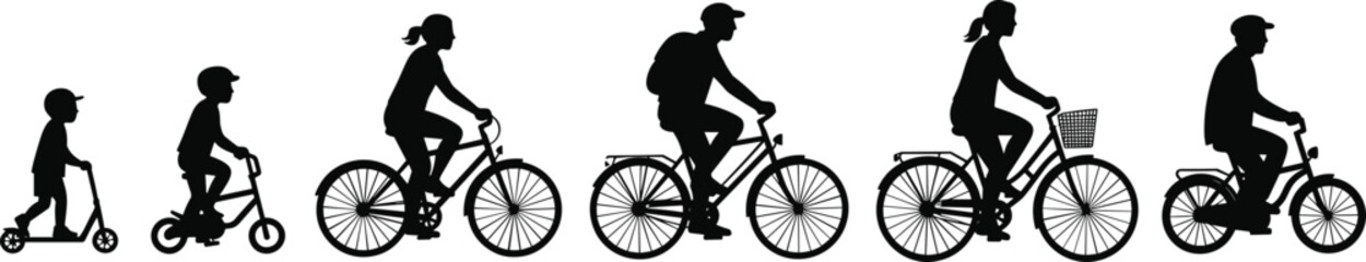 Obraz premium Silhouette vector of people riding bicycle and scooter, family cycling activity, kids and adults, outdoor healthy lifestyle transport illustration