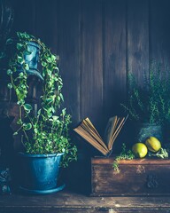 Antique plants and book still life