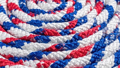 Close-up of coiled rope with red, white, and blue stripes