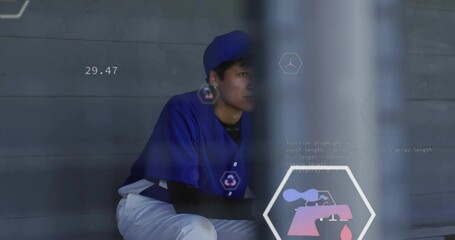 Panning barrier clearing, baseball player lifting head, analyzing performance data with AR icons - Powered by Adobe