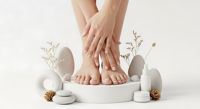 Elegant wellness studio shot of manicured hands and feet with spa accessories
