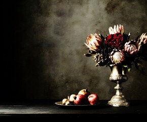 Dark renaissance still life fruit flowers