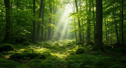 Sunlight Streaming Through Dense Green Forest Canopy