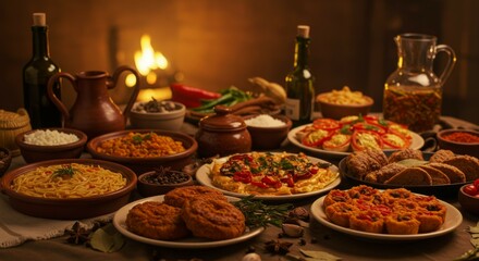 Fototapeta premium Festive Feast Delicious Food Variety on Wooden Table
