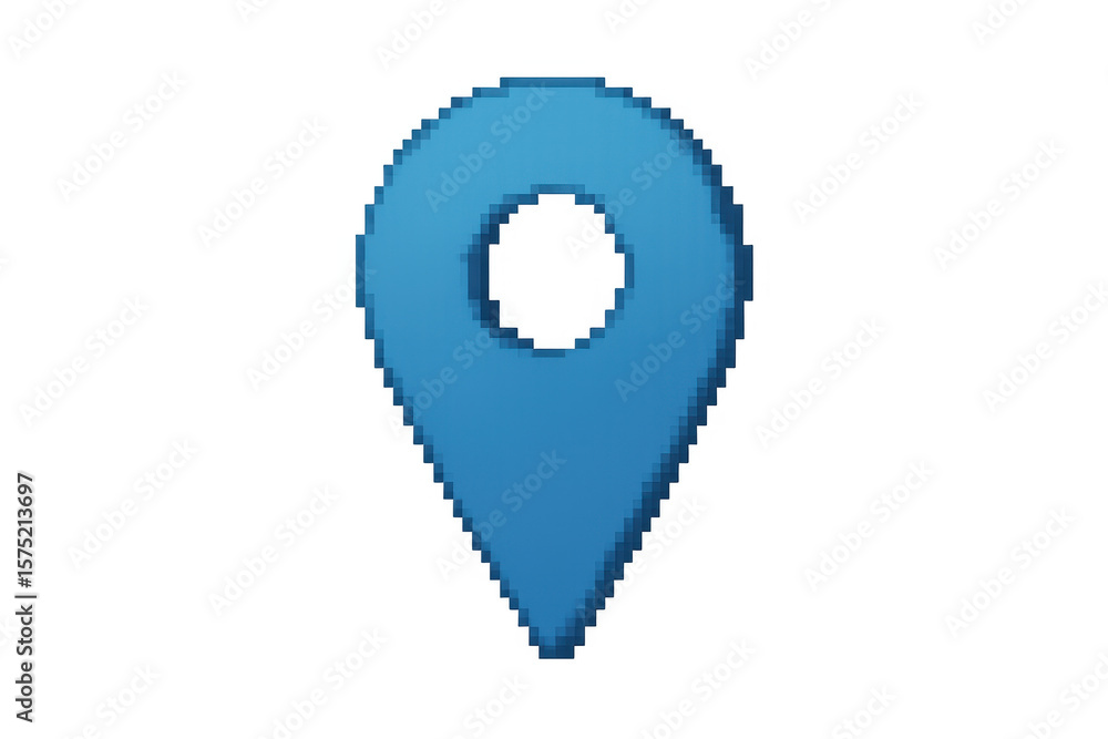 Poster pixelated blue map pin indicating location on a transparent background, ideal for travel and navigat