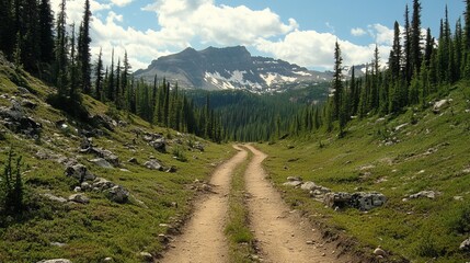 Scenic mountain dirt road winds through lush green valley, leading towards snow-capped peak under a partly cloudy sky