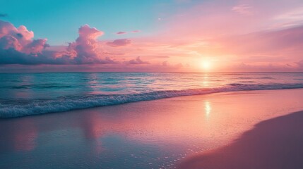 A blurry, dreamy sunset over the ocean with pink and blue skies and a sandy beach in the foreground.
