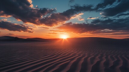 A breathtaking sunset paints the sky with vibrant hues of orange and pink, casting long shadows over the rippling dunes of a vast desert landscape.