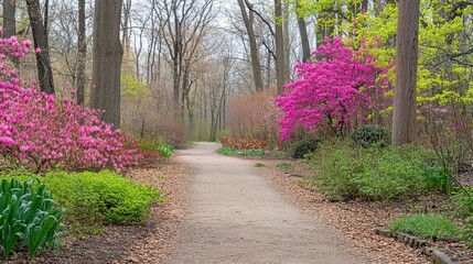 Serene path winds through a spring woodland, vibrant pink azaleas blooming amidst lush greenery and budding trees