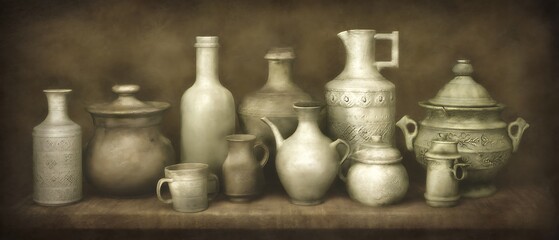 Still life of antiquated kitchenware vessels