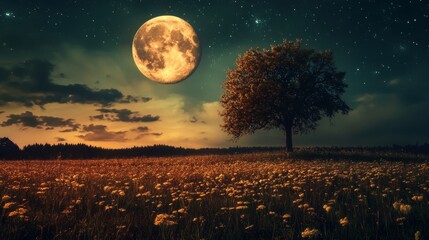 A solitary tree stands tall in a field of wildflowers under a full moon and starry sky.