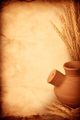 Earthen jug and wheat against parchment