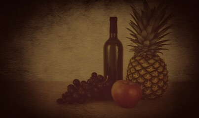 Vintage still life with fruits wine