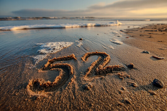 Hand-drawn number "52" in smooth sand with a warm golden light and gentle ocean waves